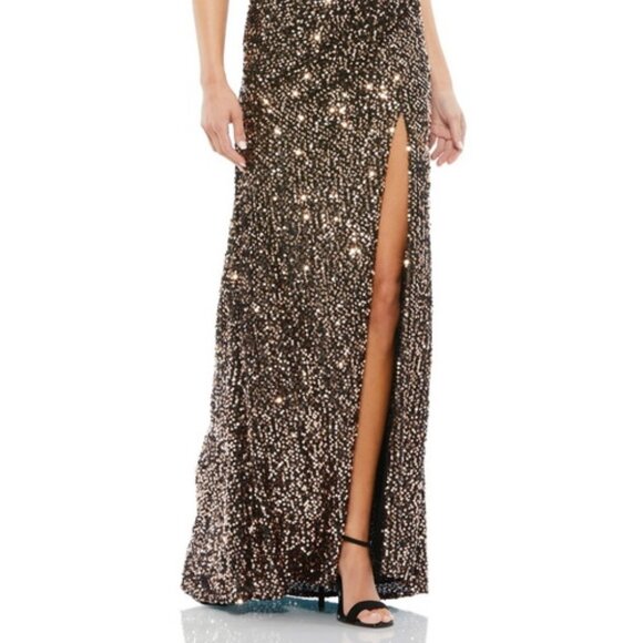 Mac Duggal Bronze Black Sequin Gathered Waist Gown - Picture 2 of 4